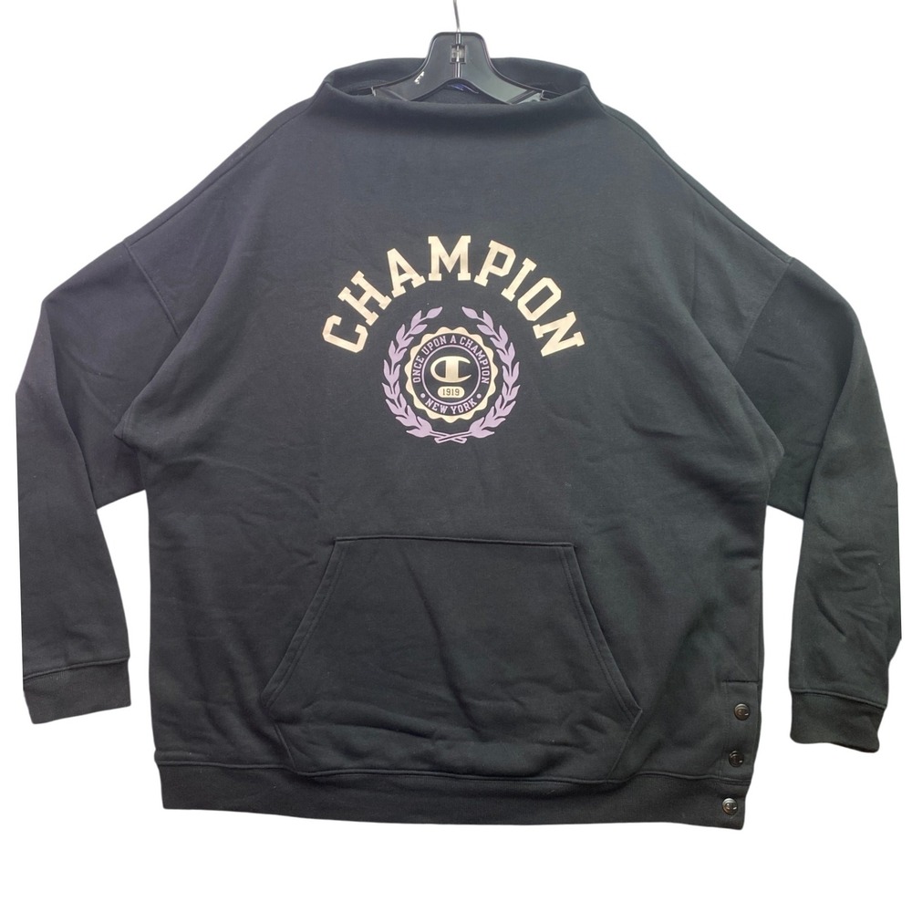 Champion Sweatshirt Womens 2XL Black Mock Neck Preppy‎ Spell Out Academia